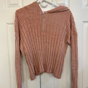 Pink fuzzy quarterzip sweater with hood!